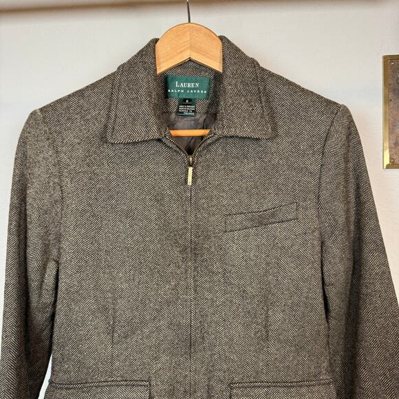 Women's Lauren Ralph Lauren Brown Herringbone 100% Wool Zip Front Jacket Sz 6 - Picture 3 of 13